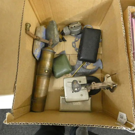BOX ASST INCL OLD GUAGES / TOY SINGER SEWING MACHINE (A/F) STONE ADZE ETC..