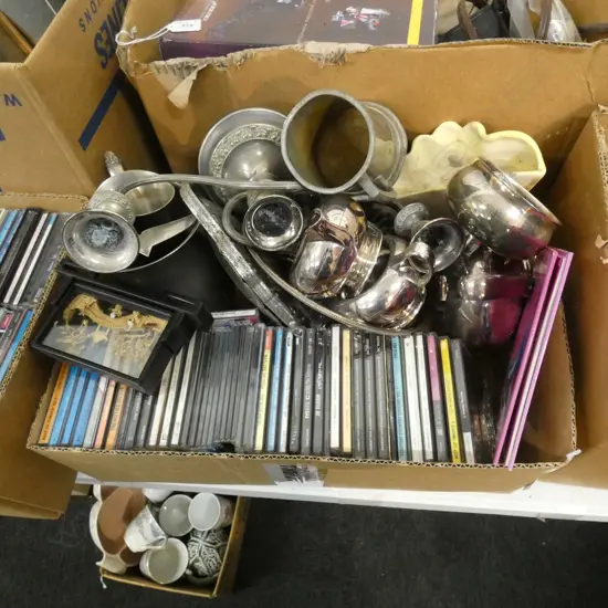 BOX LOT CDS & ASST. SILVER PLATE