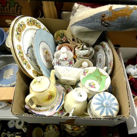 GOOD BOX LOT ASST. ROYAL CHINA, TRIOS, WEDGWOOD ETC