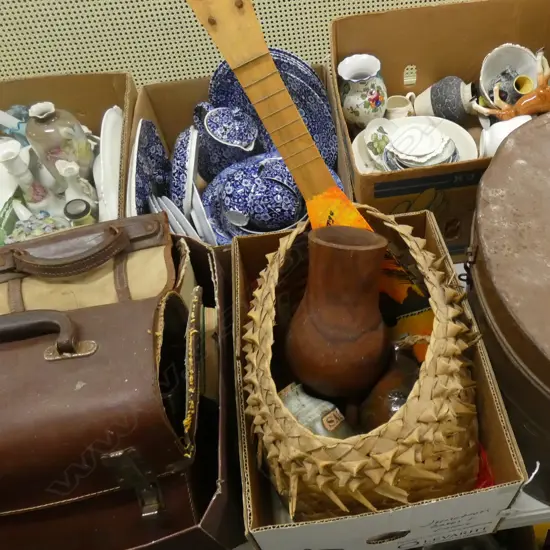 BOX LOT ASST. CERAMICS, FABRICS, WOVEN BAG ETC