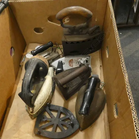 BOX OLD FIRESIDE & ELECTRIC IRONS