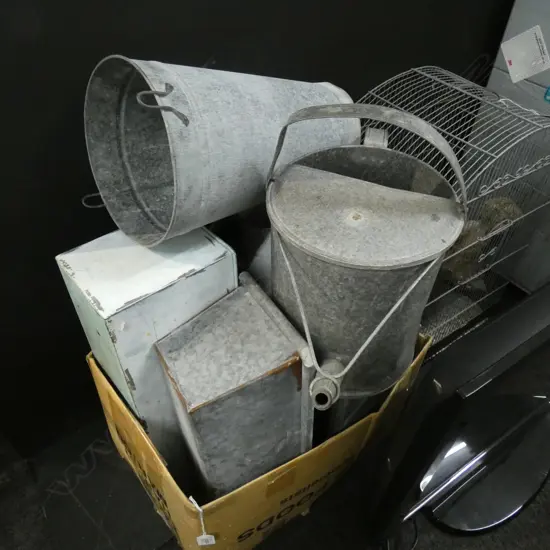 BOX LOT GALVINISED METAL FLOWER TROUGHS & WATERING CAN