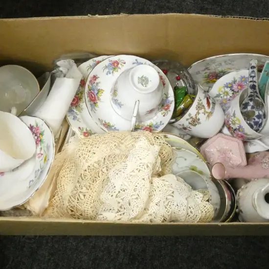 BOX LOT ASST. CHINA, TRIOS, LACE, LINENS ETC