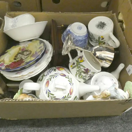 BOX LOT ASST. CHINA; PORTMIRION, SPODE + CLOCK ETC
