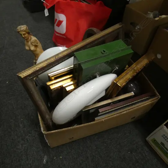 BOX LOT GILT FRAMES, CLOGS, BUDDHA HEAD, ETC