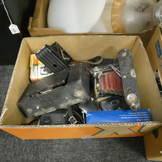 BOX LOT OLD CAMERAS INCL. 3 VINTAGE FOLD UP CAMERAS