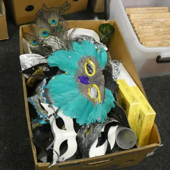 BOX LOT ASST. CHINA, GLASSWARE, MASKS ETC