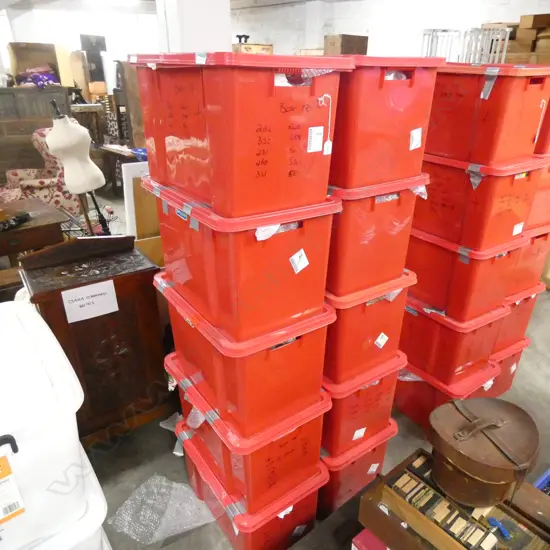 10 RED PLASTIC STORAGE BINS WITH PACKING APPROX 60 LTR