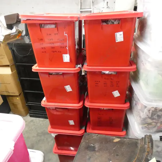 10 RED PLASTIC STORAGE BINS WITHPACKING APPROX 60 LTR