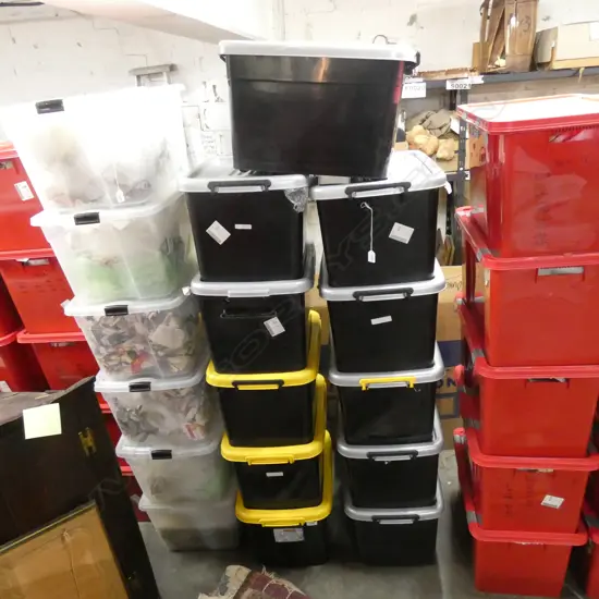 11 BLACK PLASTIC STORAGE BINS WITH PACKING APPROX 60 LTR