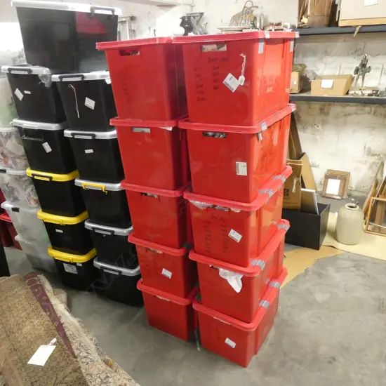 10 RED PLASTIC STORAGE BINS WITH PACKING APPROX 60 LTR
