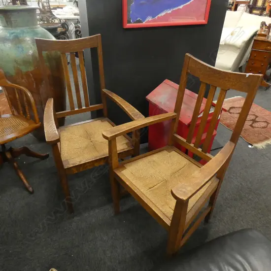 PR OAK ARTS & CRAFTS ARM CHAIRS WYCOMB CANE SEATS