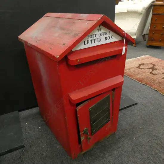 OLD RED WOODEN POST OFFICE LETTER BOX - BRASS PLATE WITH KEY 375 X 515 X 720MM