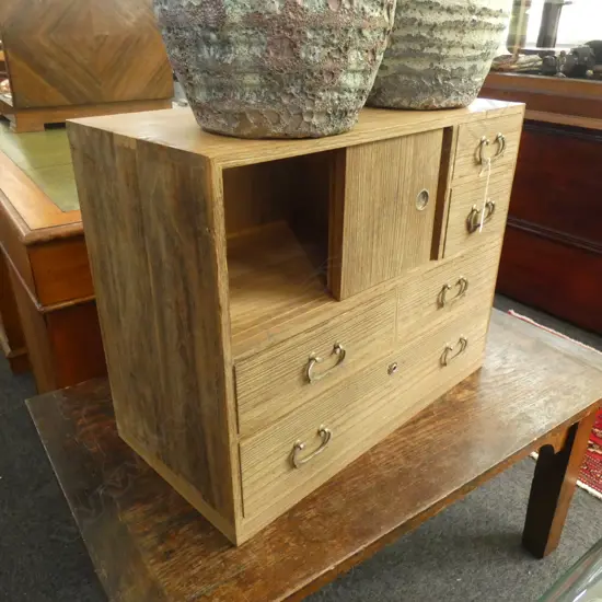 SM VINTAGE NATURAL WOODEN JAPANESE TANSU CHEST 5 DRAWERS & 2 SLIDING 605 x 300 x 490mm