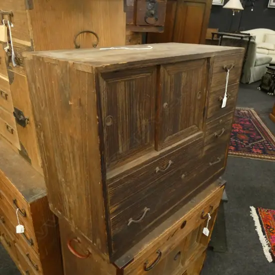 SM VINTAGE JAPANESE WOODEN TANSU CHEST 5 DRAWER /3 CUPBOARD - 1 WITH 2 HIDDEN DRAWEERS 550 X 300 X 600MM W/KEY