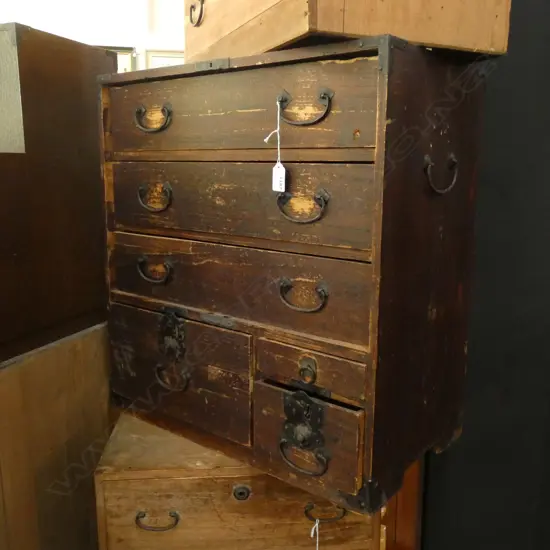 SM VINTAGE JAPANESE DARK WOODEN TANSU CHEST -  7 DRAWERS 540 X 300 X 570MM 