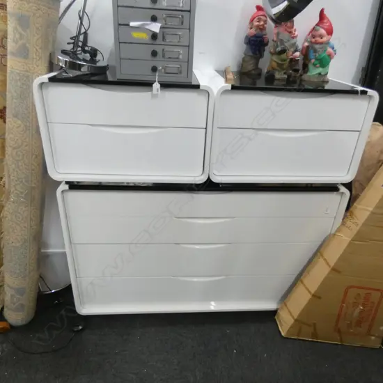 3 PCE WHITE & BLACK GLASS TOPPED BEDROOM SETTING ...