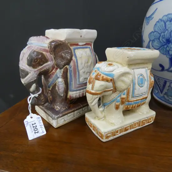 TWO VINTAGE CERAMIC PAINTED ELEPHANTS LARGEST H. 150MM