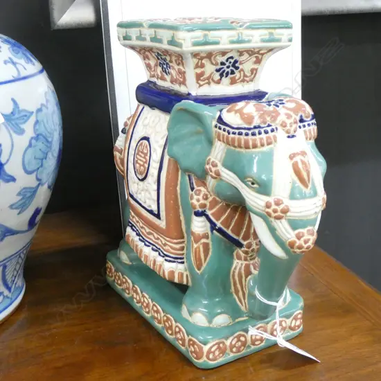 VINTAGE CERAMIC PAINTED ELEPHANT ASHTRAY H. 230MM CHIP TO TOP RIM