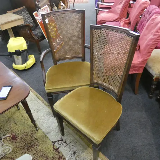 2 UPHOLSTERED CANE BACKED CHAIRS 