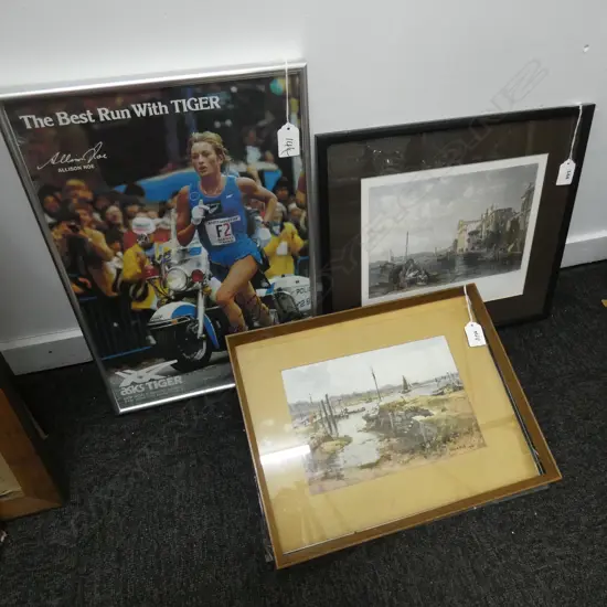 3 PRINTS; W. BALL 19thC YACHT / VENICE ENGRAVING / SIGNED ALISON ROE NY MARATHON '81