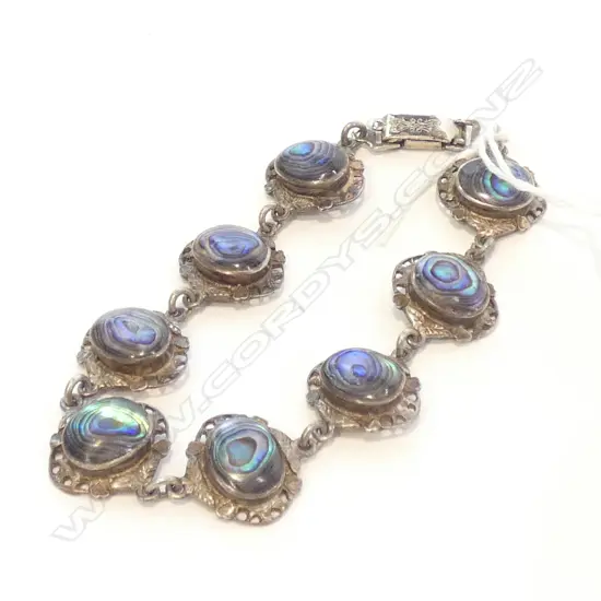 VINTAGE SILVER & PAUA BRACELET 8 LINK W HEARTS
