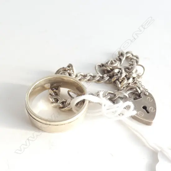 STG SILVER CHARM BRACLET 13 G & 9CT WHITE GOLD RING 7.3 G