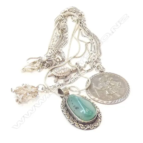 4 SILVER PENDANTS 0N CHAINS. TURTLE-ST. CHRISTOPHER..