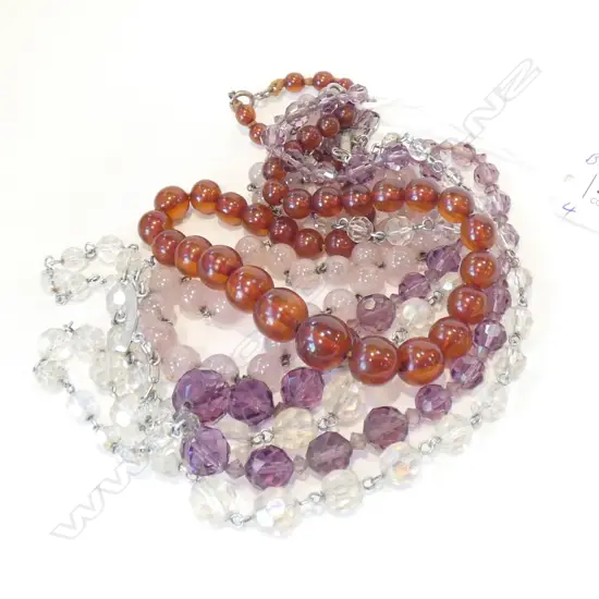 FOUR BEAD NECKLACES INCL AMBER & ROSE QUARTZ 