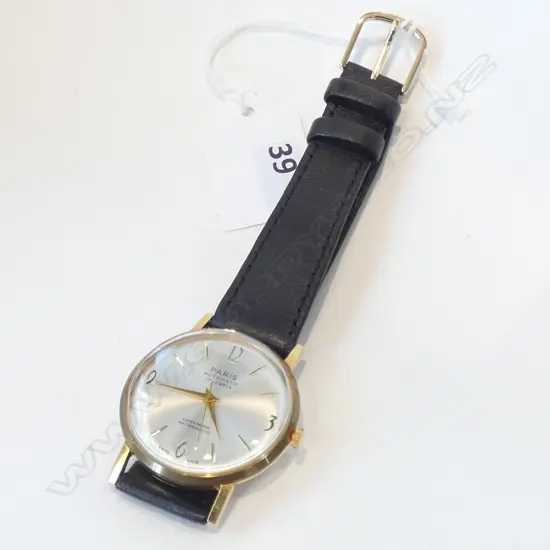 (16152) MENS LEATHER STRAP PARIS 17 JEWEL WATCH - WORKING 