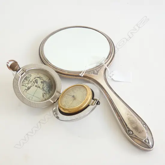 ART NOUVEAU STG SILVER HAND MIRROR (DIA  140MM)  - BIRMINGHAM 1924  & DALVEY VOYAGER TRAVEL CLOCK DIA 70MM