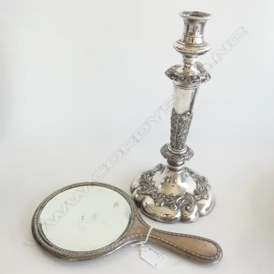 OLD SHEFFIELD PLATE CANDLESTICK H.290mm + STG SILVER HAND MIRROR, CHESTER 1909 