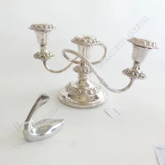 SILVER PLATE CANDELABRA AND STEEL SWAN