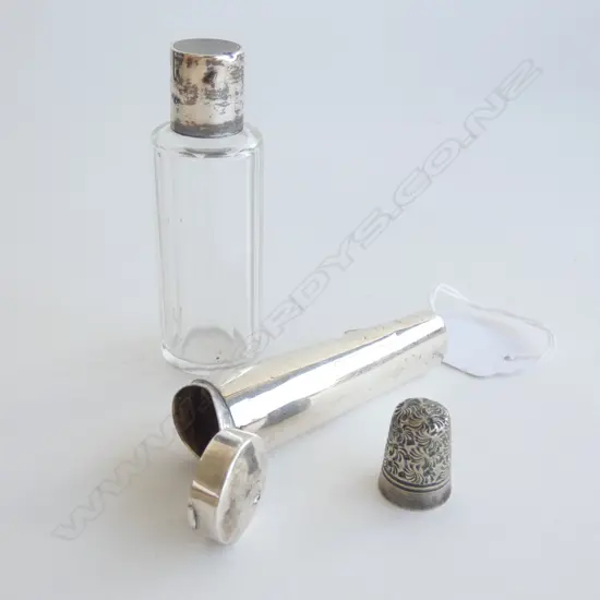 (16170) STG SILVER LIDDED BOTTLE (H. 78MM) THIMBLE & SM RECEPTACLE (H.78MM)