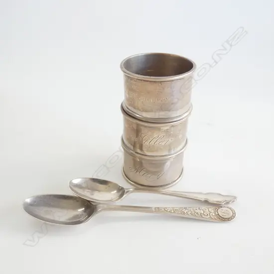 3 STG SILVER NAPKINS + 2 STG TEASPOONS 83 GRAMS TOTAL