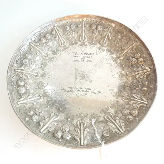 SILVER PLATE PRESENTATION DISH 'TSMV MATUA FINAL VOYAGE' AUGUST 1968 DIA 230MM