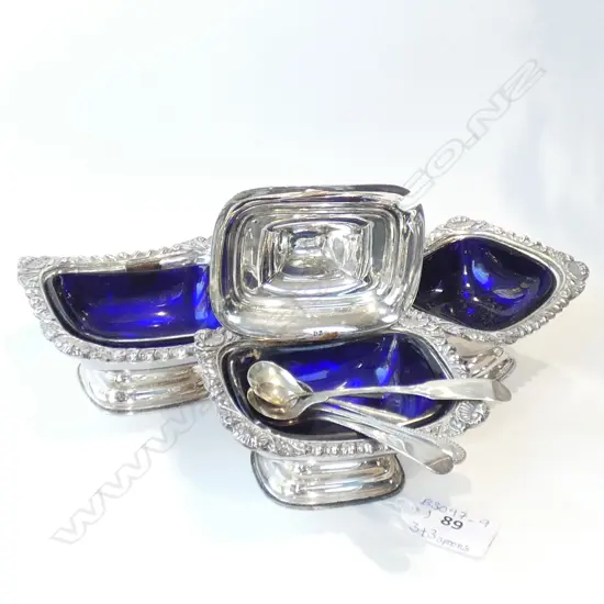 LG 3 PCE SILVER PLATE & BLUE GLASS CRUET SET; 2 S&P DISHES & ONE MUSTARD WITH LID  L 95MM- ALL HAVE SPOONS