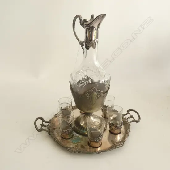 ART NOUVEAU SM WFM LINED GLASS DECANTER /TRAY (H.190MM) & 6 GLASSES ( A/F)