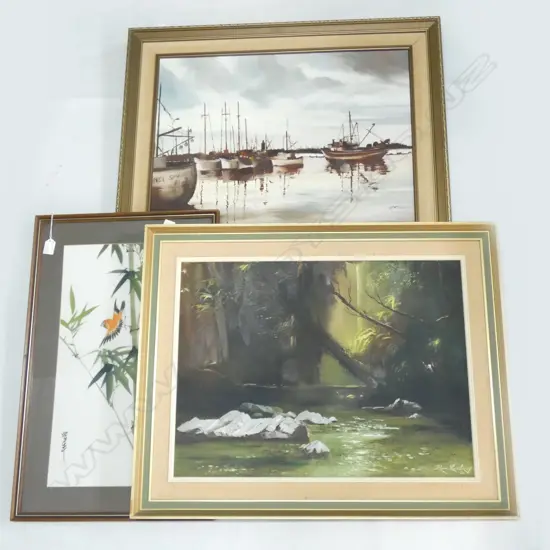 3 ARTWORKS; RON PRESTNEY BUSH OIL 445x600mm & BOATS SCENE +ORIENTAL BAMBOO W/C ON FABRIC 
