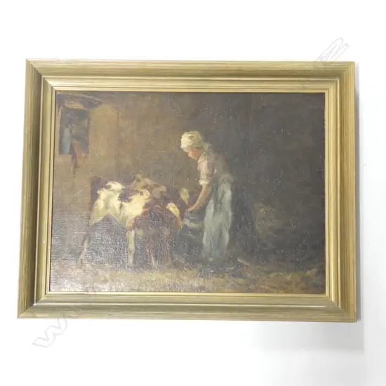 W. G. STEVENSON RSA LADY FEEDING COWS OIL 295x390mm