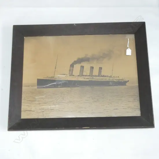 VINTAGE PHOTOLITHO OF Q.T.S.S. LUCITANIA. IN ORIGINAL OAK FRAME. 430 x 570mm