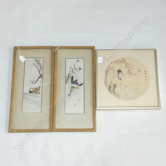 3 ORIENTAL ARTWORKS; PR BIRDS + W/C LADY