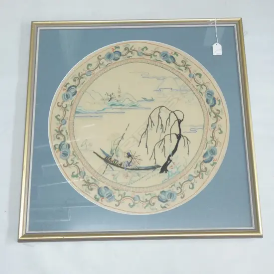 EMBROIDERED ORIENTAL FRAMED SCENE  DIA 460MM