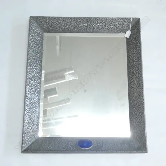 TUDOR STYLE HAMMERED PEWTER FRAMED WALL MIRROR W LG BLUE GLASS STONE   545 X 645MM