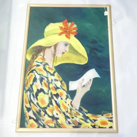 LARGE ACRYLIC PAINTING BY RILEY WOMAN YELLOW HAT 900x600mm