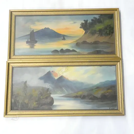 2 EARLY NZ COLONIAL OIL PAINTINGS SIGNED P. HAY 320 X 670mm