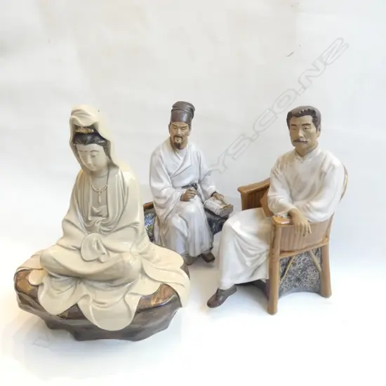 3 ORIENTAL FIGURINES; 2 SEATED MEN & TARA BUDDHA H.220mm