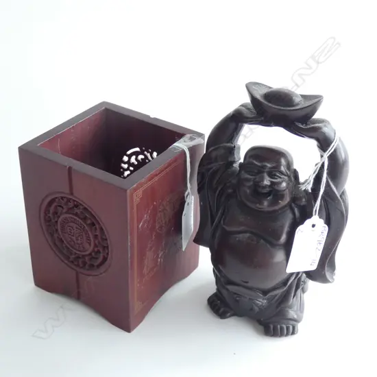 CARVED WOODEN LAUGHING BUDDHA(H. 160MM) & FUDAN UNIVERSITY PEN HOLDER 