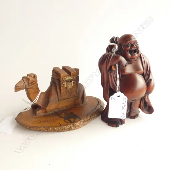 (16144) TRAVELLING LAUGHING BUDDHA (H. 135MM)A/F & WOODEN CARVED CAMEL - JERUSALEM  (L145MM)