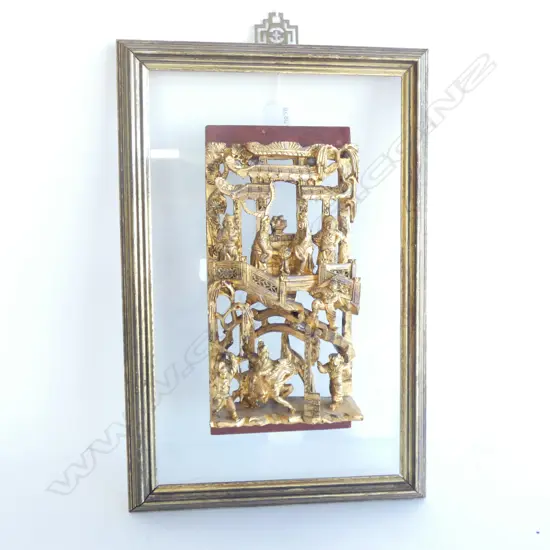 OLD CHINESE CARVED GILT WOOD PANEL, FRAMED...